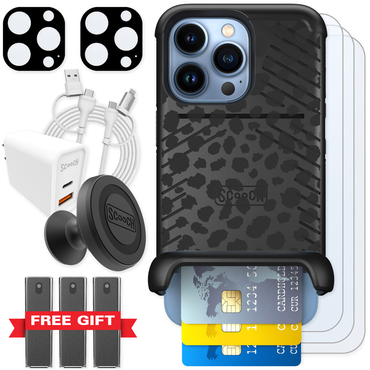 Scooch Wingmate Black Leopard for iPhone 13 Pro — Ultimate Bundle