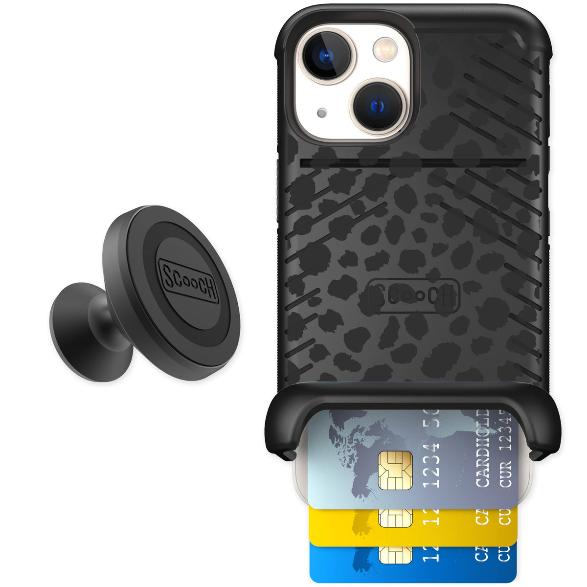 Scooch Wingmate Black Leopard for iPhone 13 mini — Starter Bundle