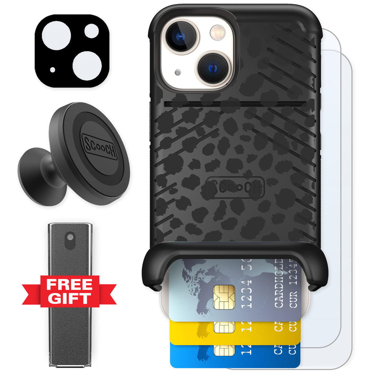 Scooch Wingmate Black Leopard for iPhone 13 mini — Defender Bundle
