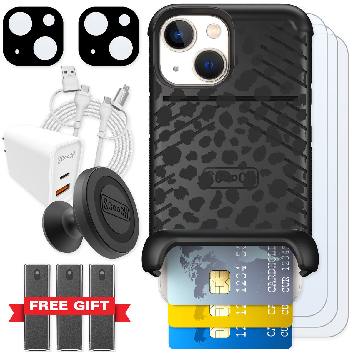 Scooch Wingmate Black Leopard for iPhone 13 mini — Ultimate Bundle