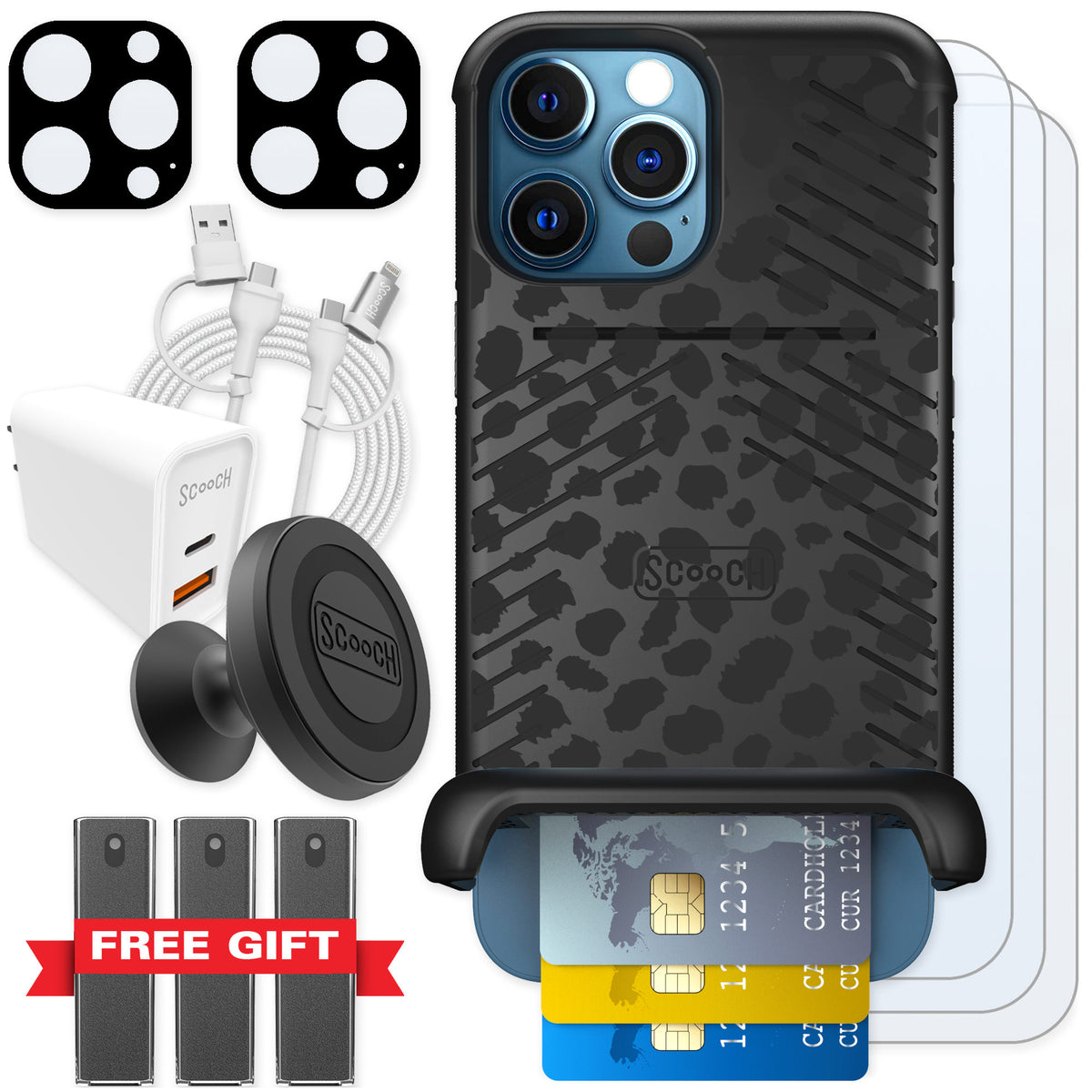 Scooch Wingmate Black Leopard for iPhone 12 Pro — Ultimate Bundle