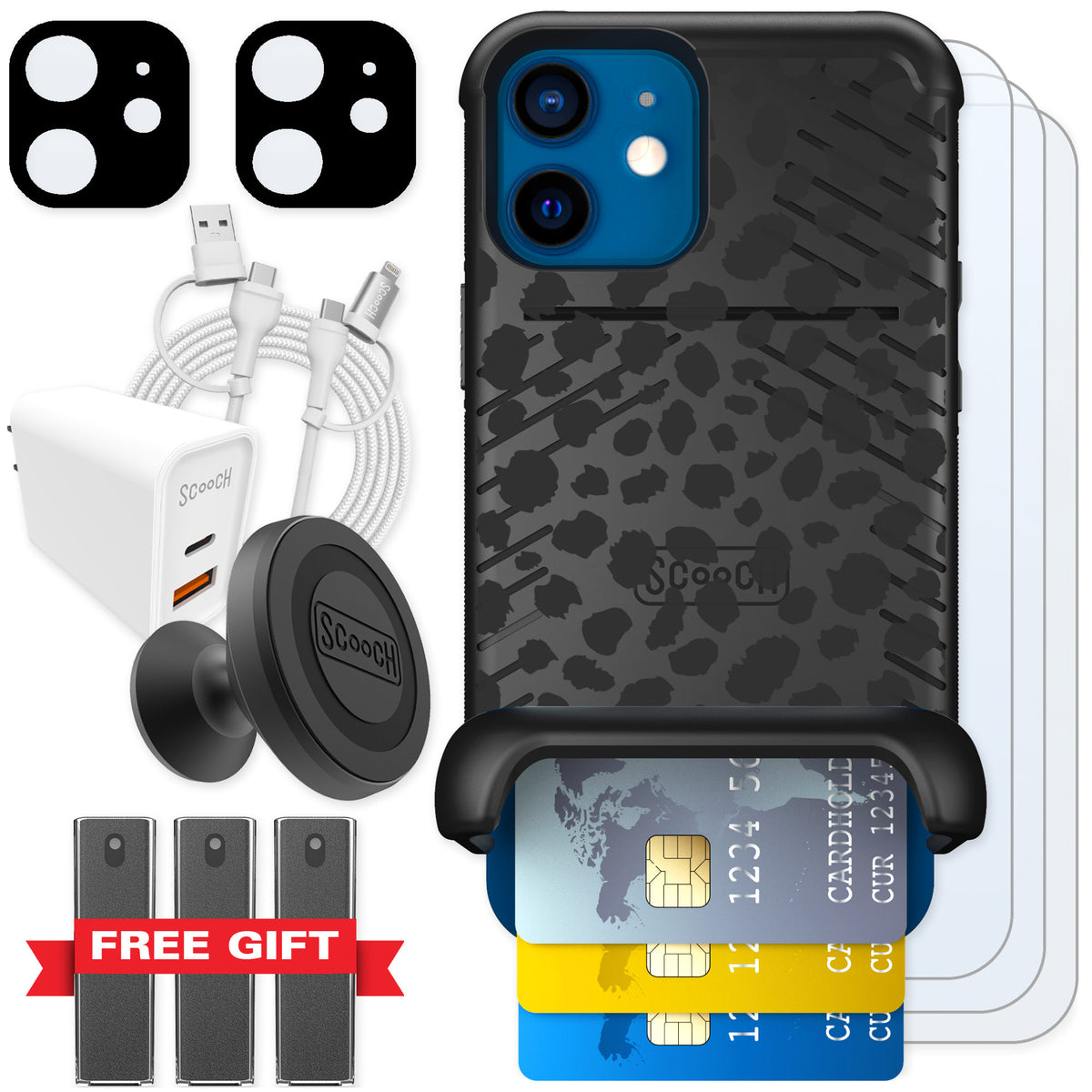 Scooch Wingmate Black Leopard for iPhone 12 mini — Ultimate Bundle