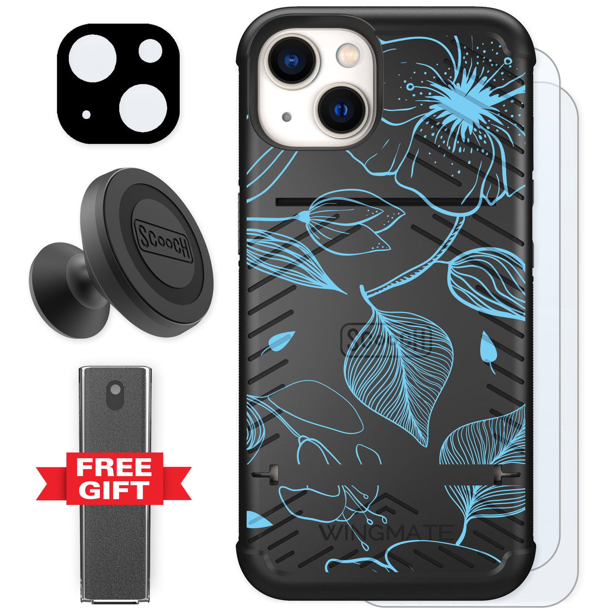 Scooch Wingmate Blue Hibiscus for iPhone 13 — Defender Bundle