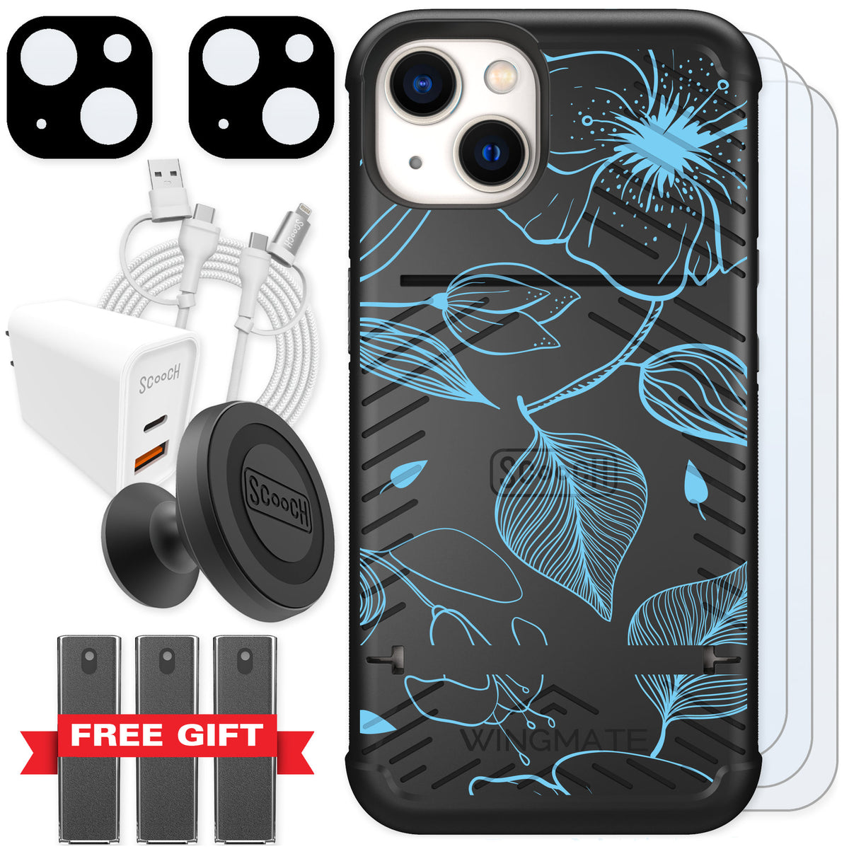 Scooch Wingmate Blue Hibiscus for iPhone 13 — Ultimate Bundle
