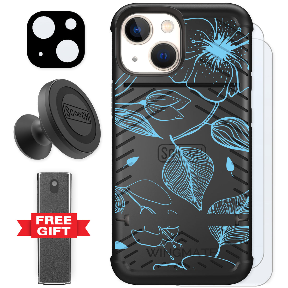 Scooch Wingmate Blue Hibiscus for iPhone 13 mini — Defender Bundle