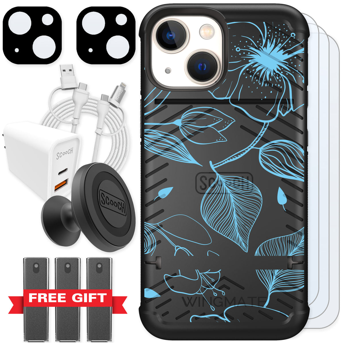 Scooch Wingmate Blue Hibiscus for iPhone 13 mini — Ultimate Bundle