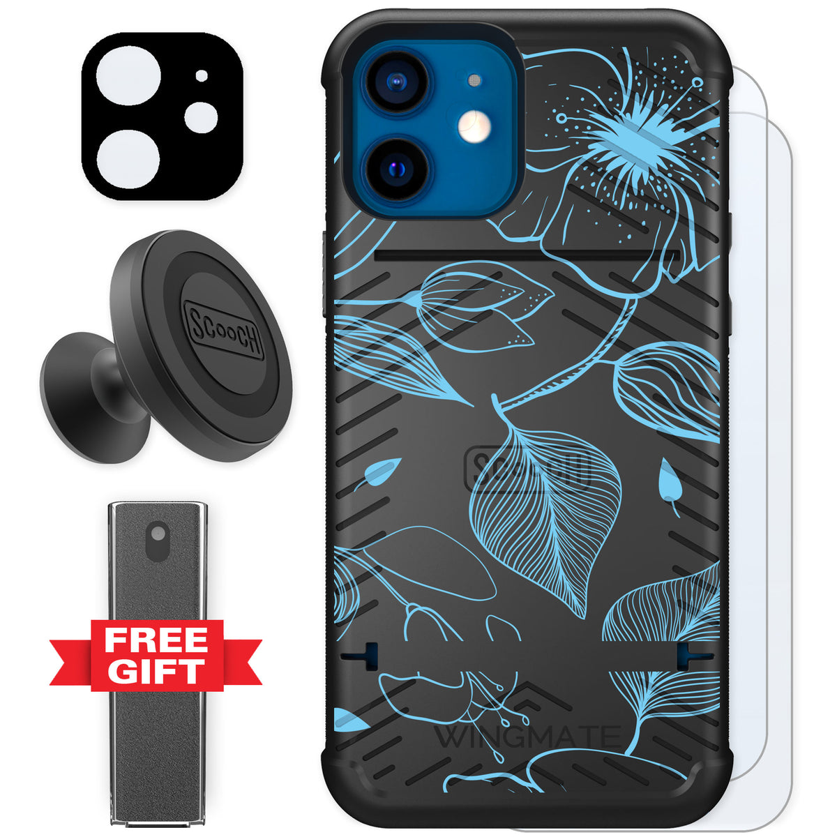 Scooch Wingmate Blue Hibiscus for iPhone 12 mini — Defender Bundle