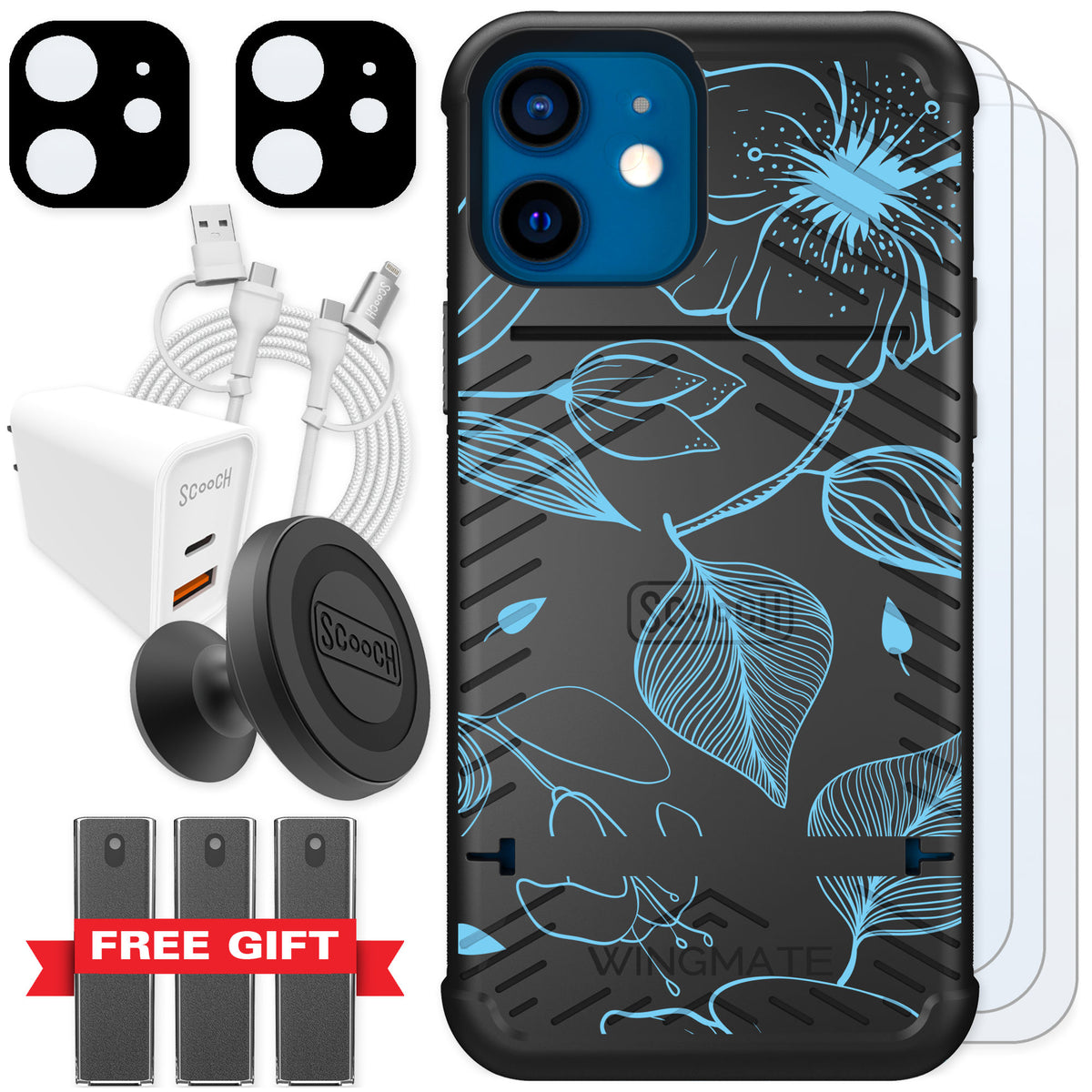 Scooch Wingmate Blue Hibiscus for iPhone 12 mini — Ultimate Bundle