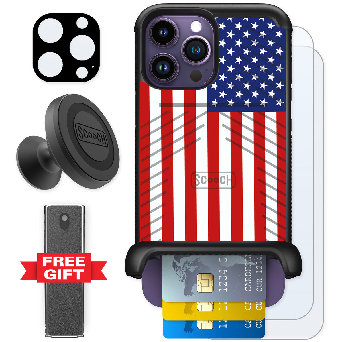 Scooch Wingmate Stars And Stripes for iPhone 14 Pro Max — Defender Bundle