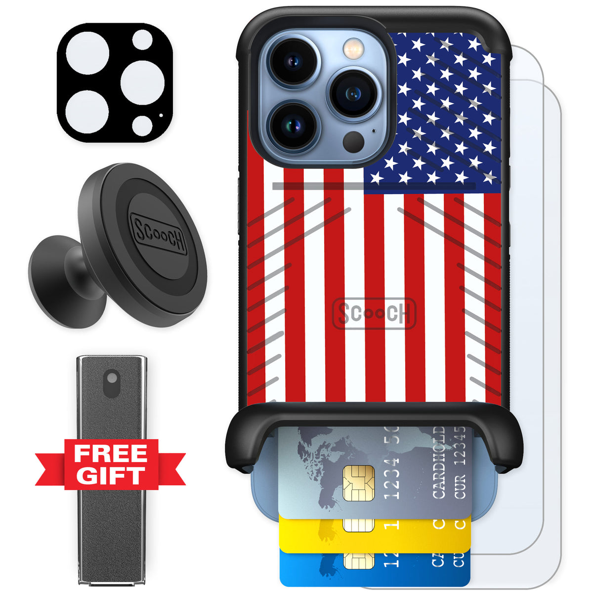 Scooch Wingmate Stars And Stripes for iPhone 13 Pro — Defender Bundle