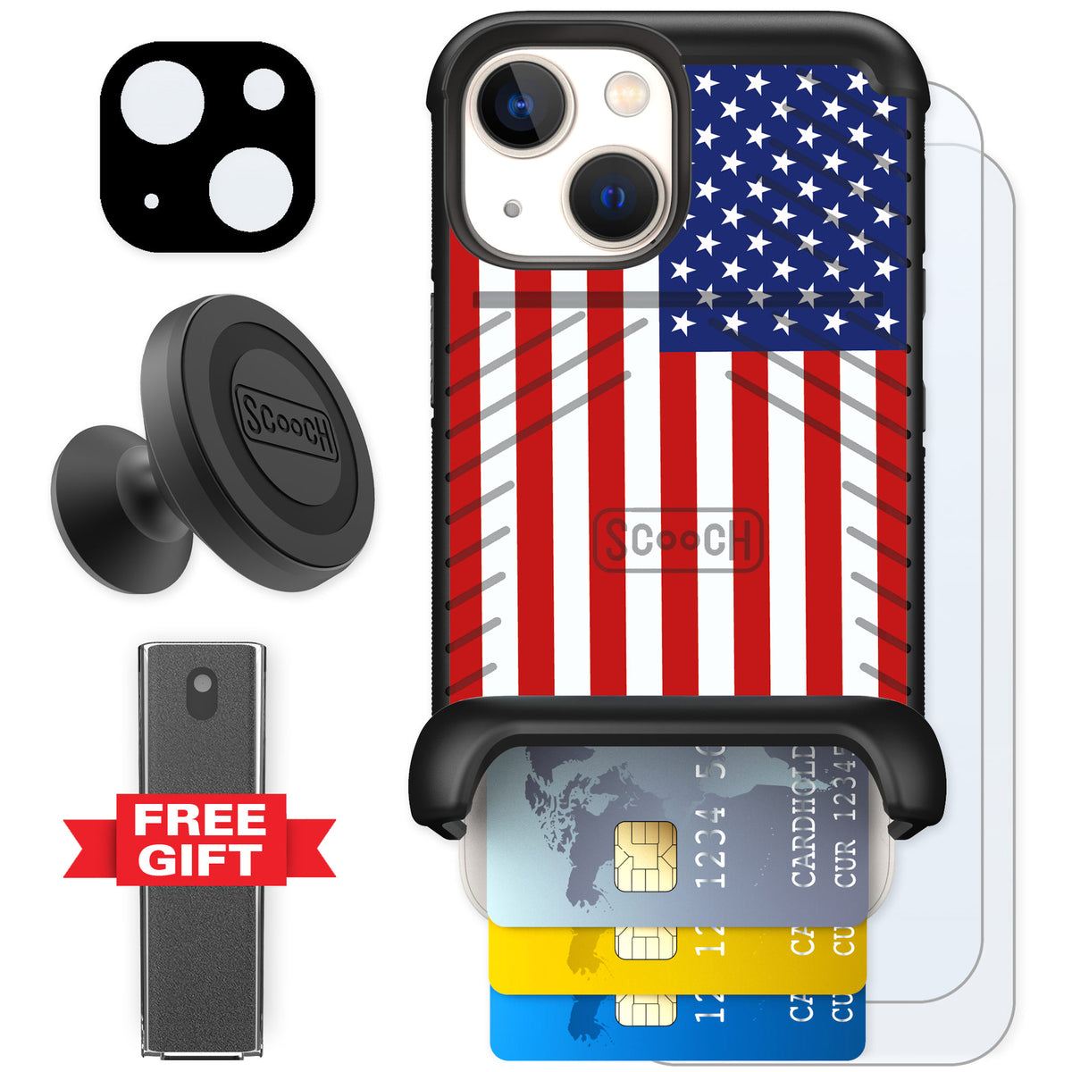 Scooch Wingmate Stars And Stripes for iPhone 13 mini — Defender Bundle