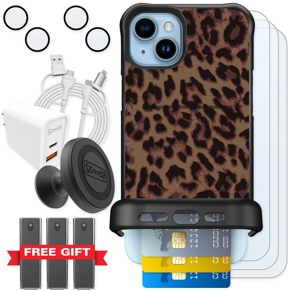 Scooch Wingmate Luxe Leopard for iPhone 15 Plus — Ultimate Bundle