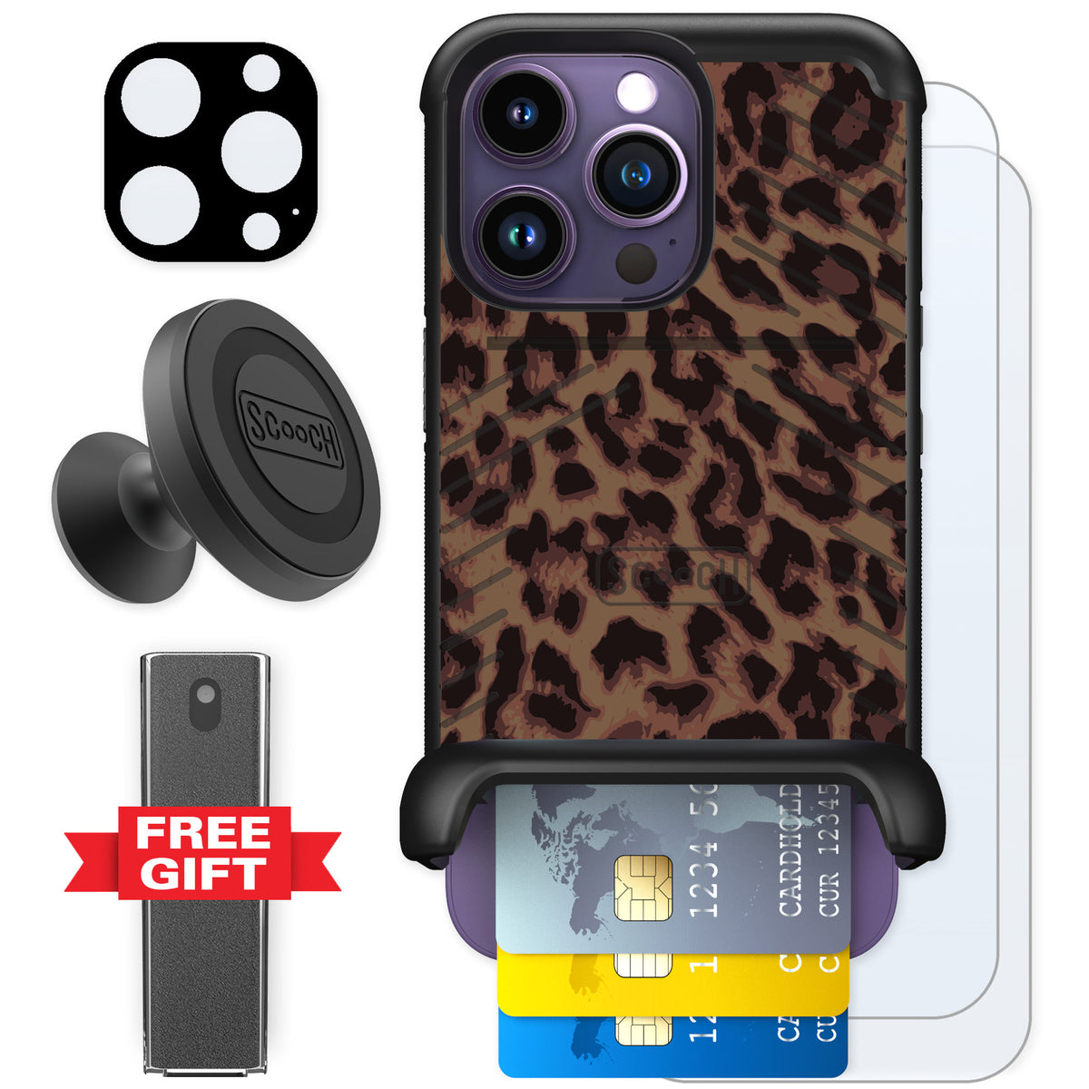 Scooch Wingmate Luxe Leopard for iPhone 14 Pro — Defender Bundle