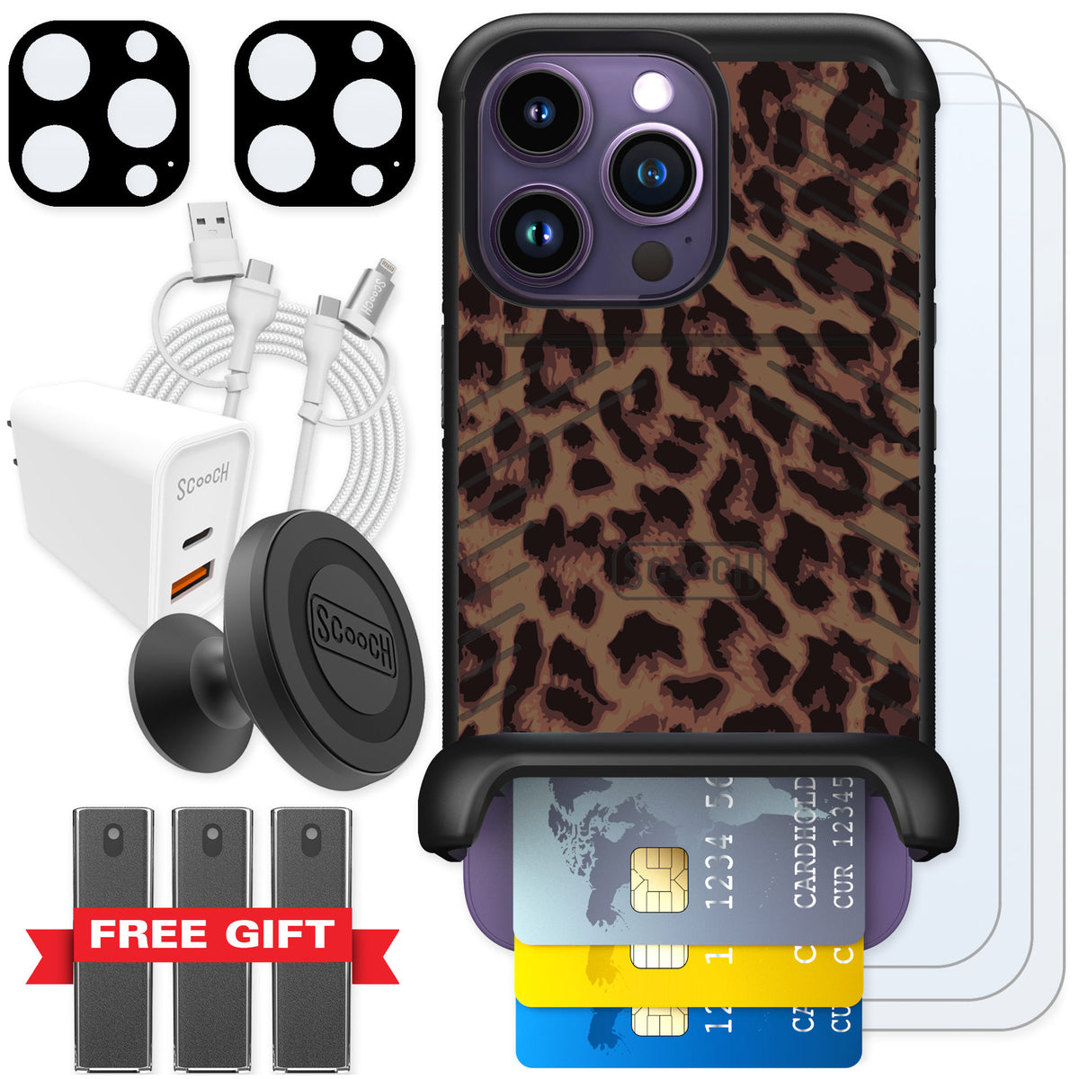 Scooch Wingmate Luxe Leopard for iPhone 14 Pro — Ultimate Bundle