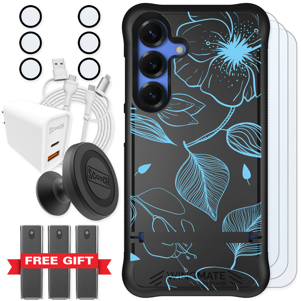 Scooch Wingmate Blue Hibiscus for Galaxy S25 — Ultimate Bundle