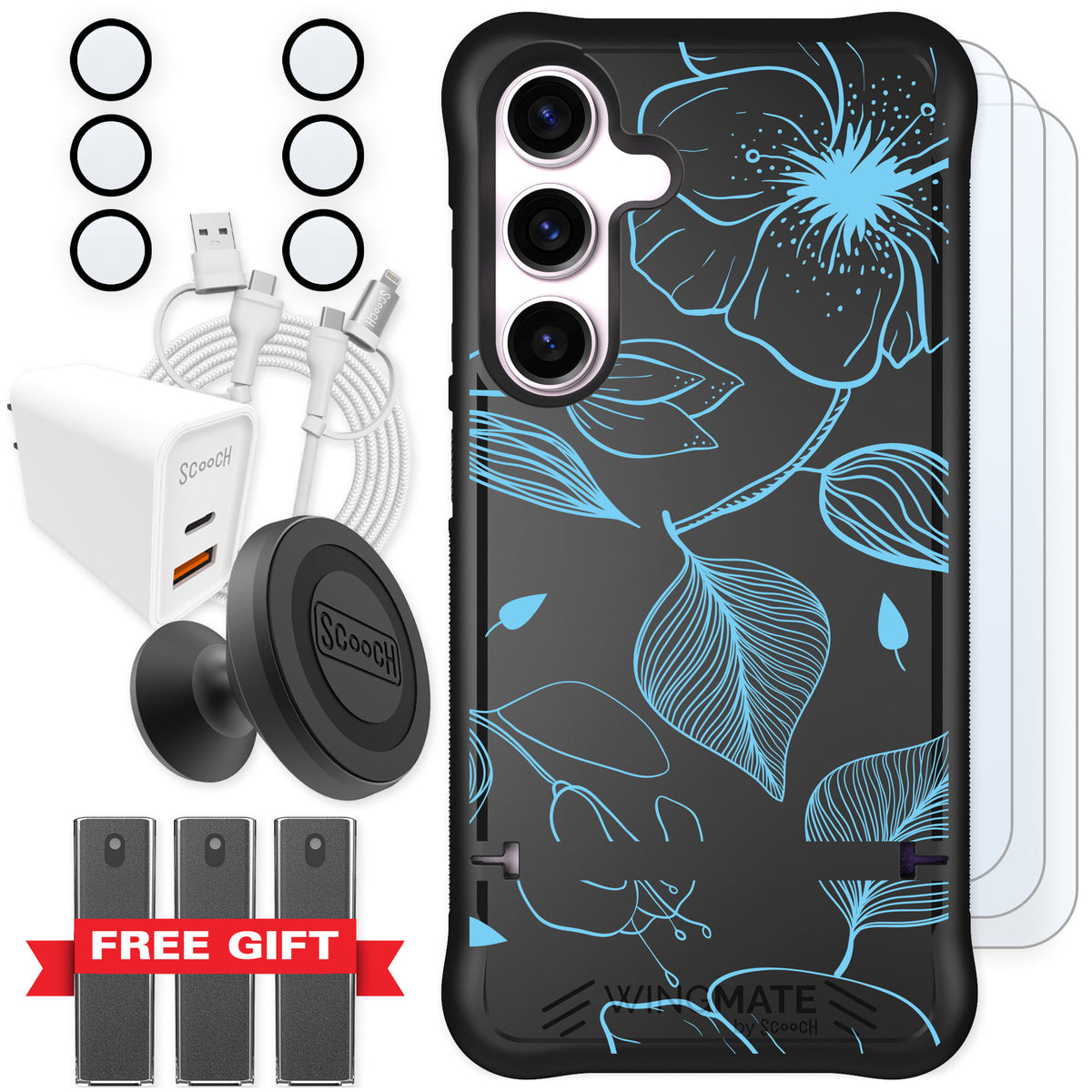 Scooch Wingmate Blue Hibiscus for Galaxy S24 — Ultimate Bundle