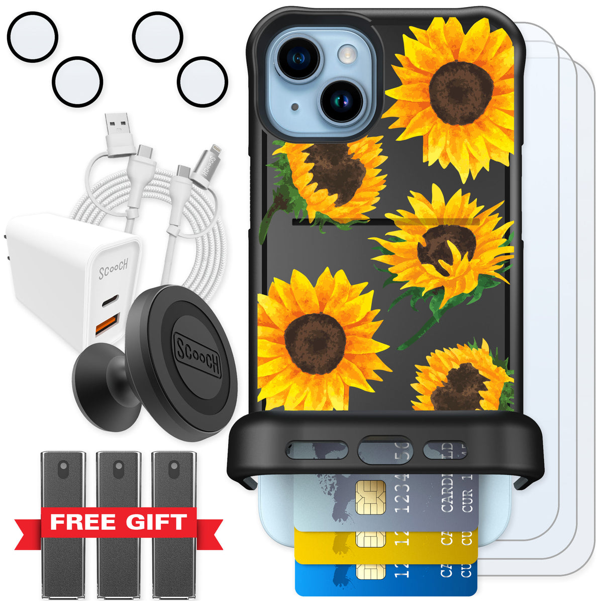 Scooch Wingmate Sunflower Frenzy for iPhone 14 Plus — Ultimate Bundle