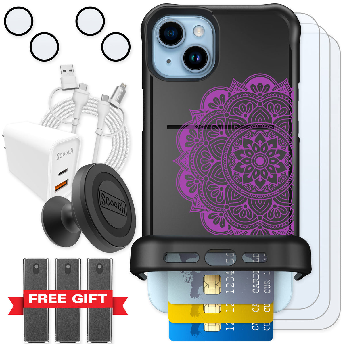 Scooch Wingmate Mandala Dreams for iPhone 15 Plus — Ultimate Bundle