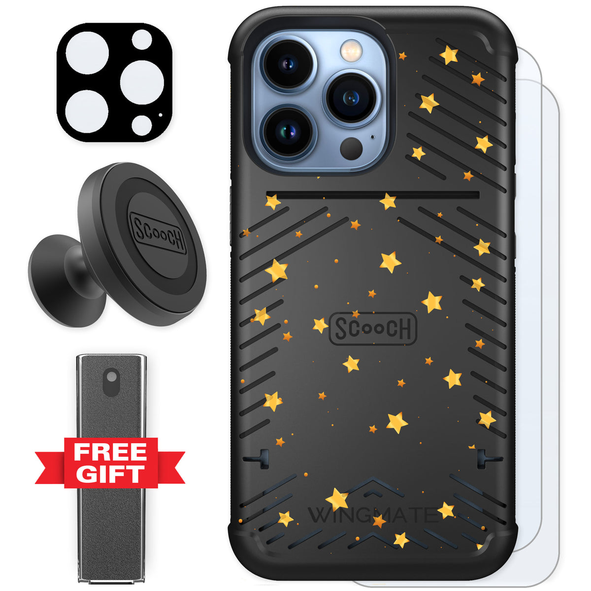 Scooch Wingmate Gold Stars for iPhone 13 Pro — Defender Bundle
