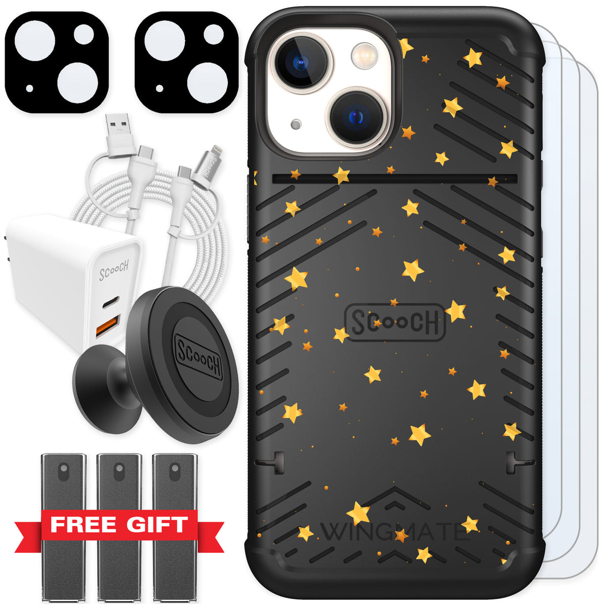 Scooch Wingmate Gold Stars for iPhone 13 mini — Ultimate Bundle