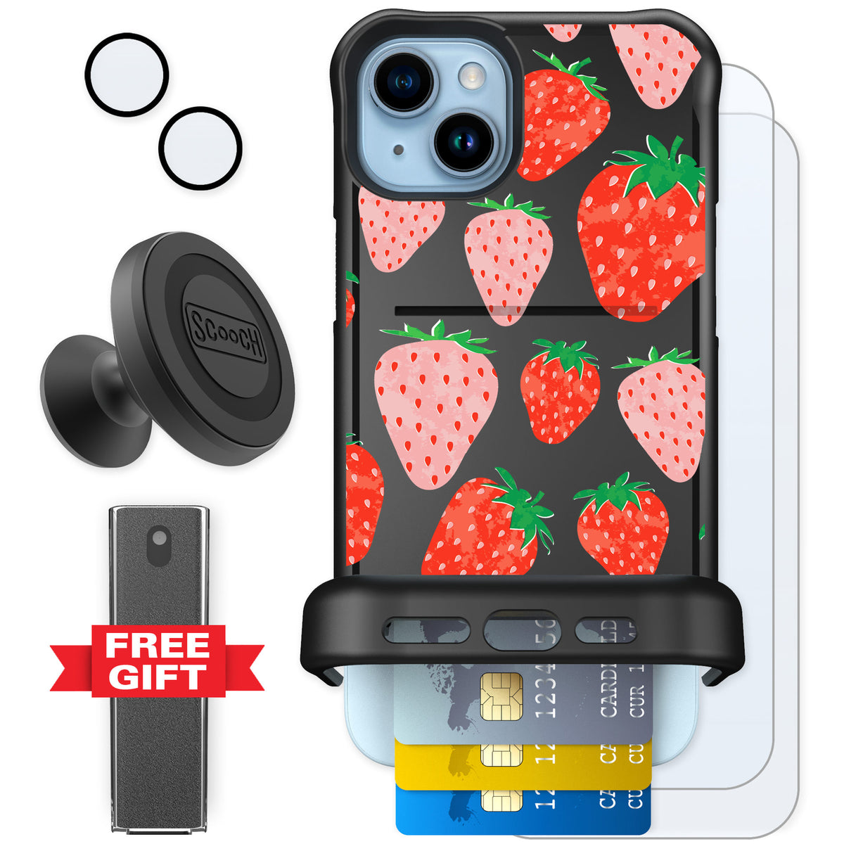 Scooch Wingmate Strawberry Fields for iPhone 15 Plus — Defender Bundle