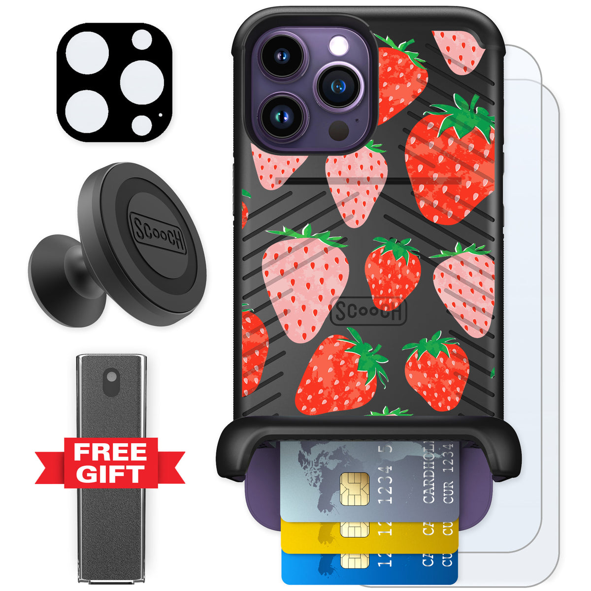 Scooch Wingmate Strawberry Fields for iPhone 14 Pro Max — Defender Bundle