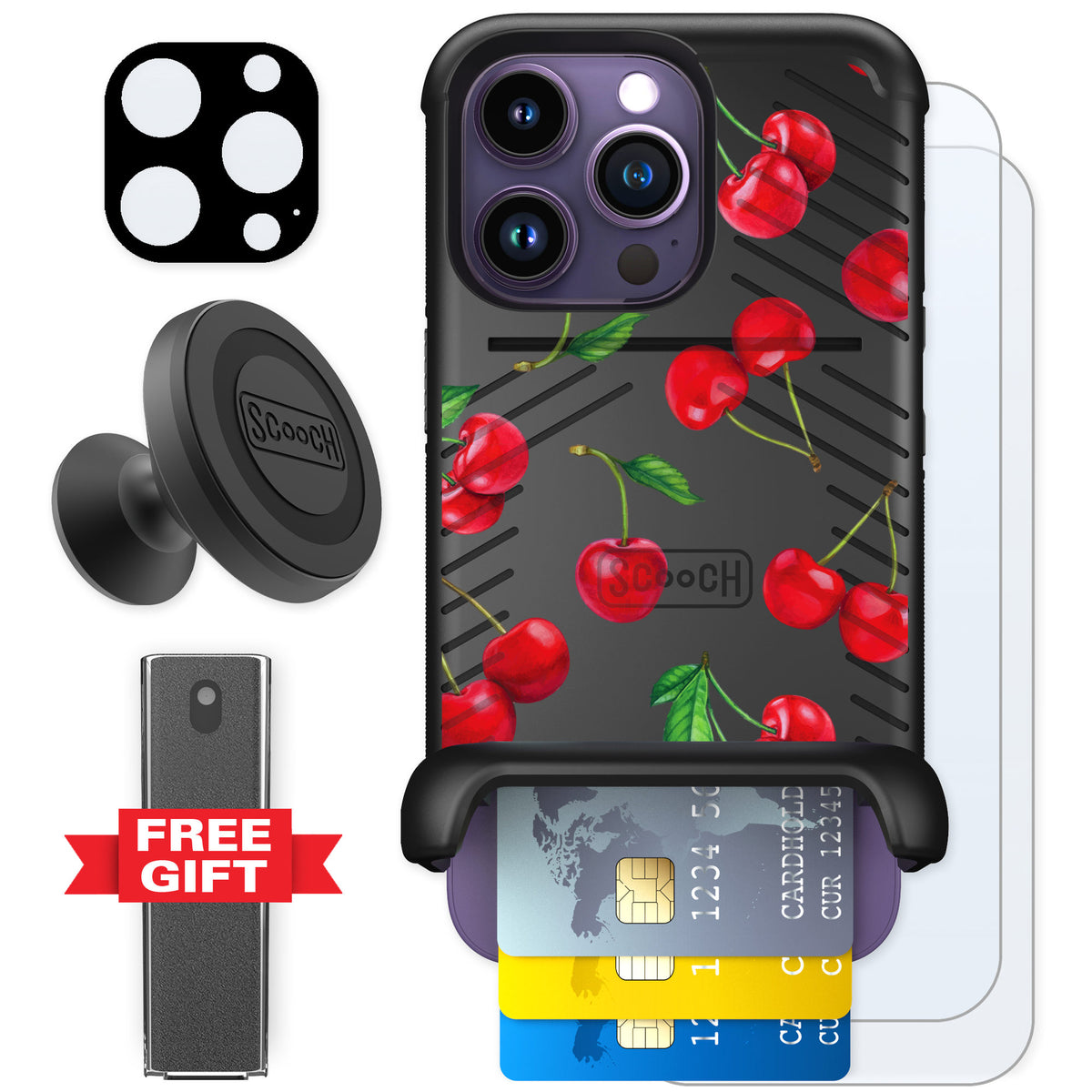 Scooch Wingmate Very Cherry for iPhone 14 Pro — Defender Bundle