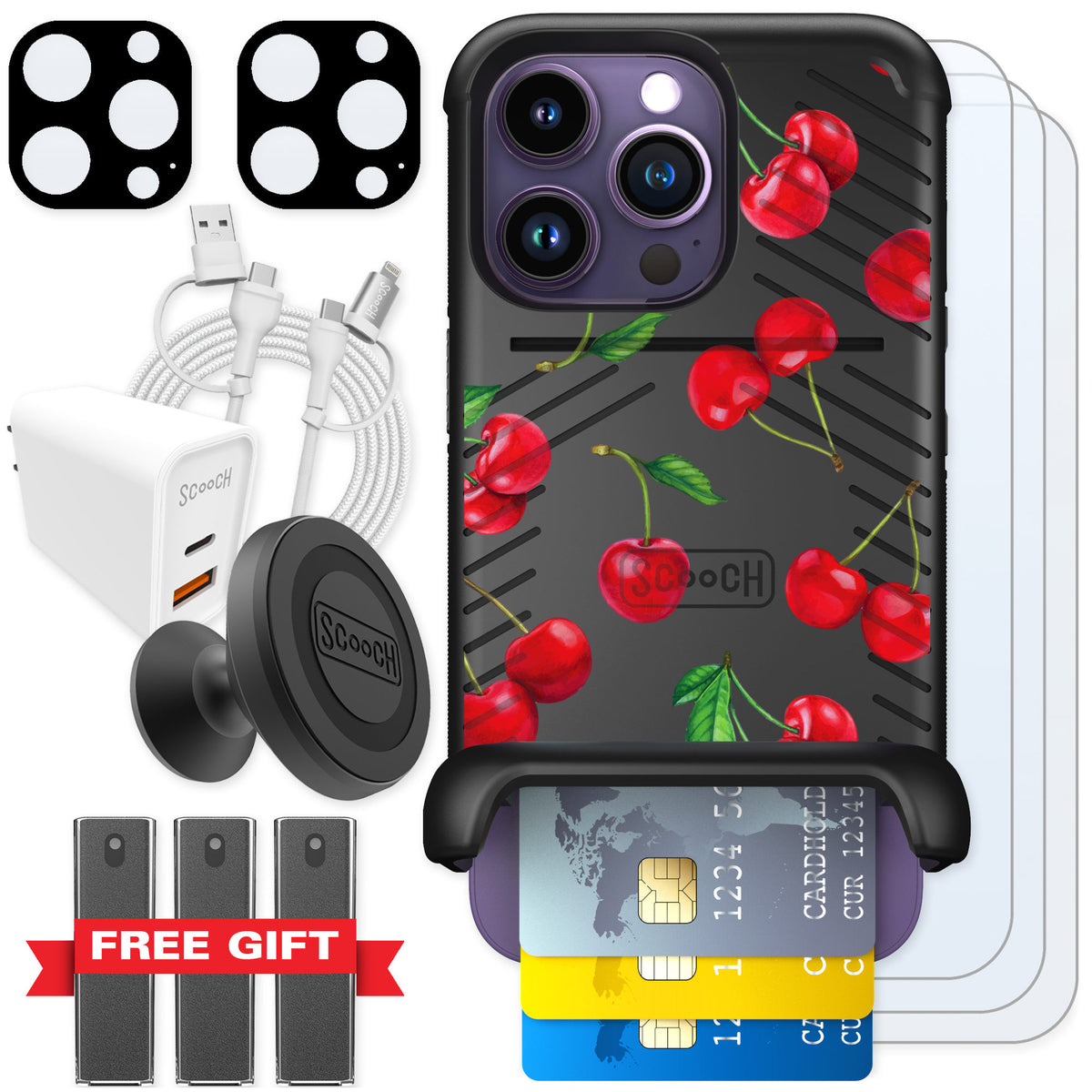 Scooch Wingmate Very Cherry for iPhone 14 Pro — Ultimate Bundle
