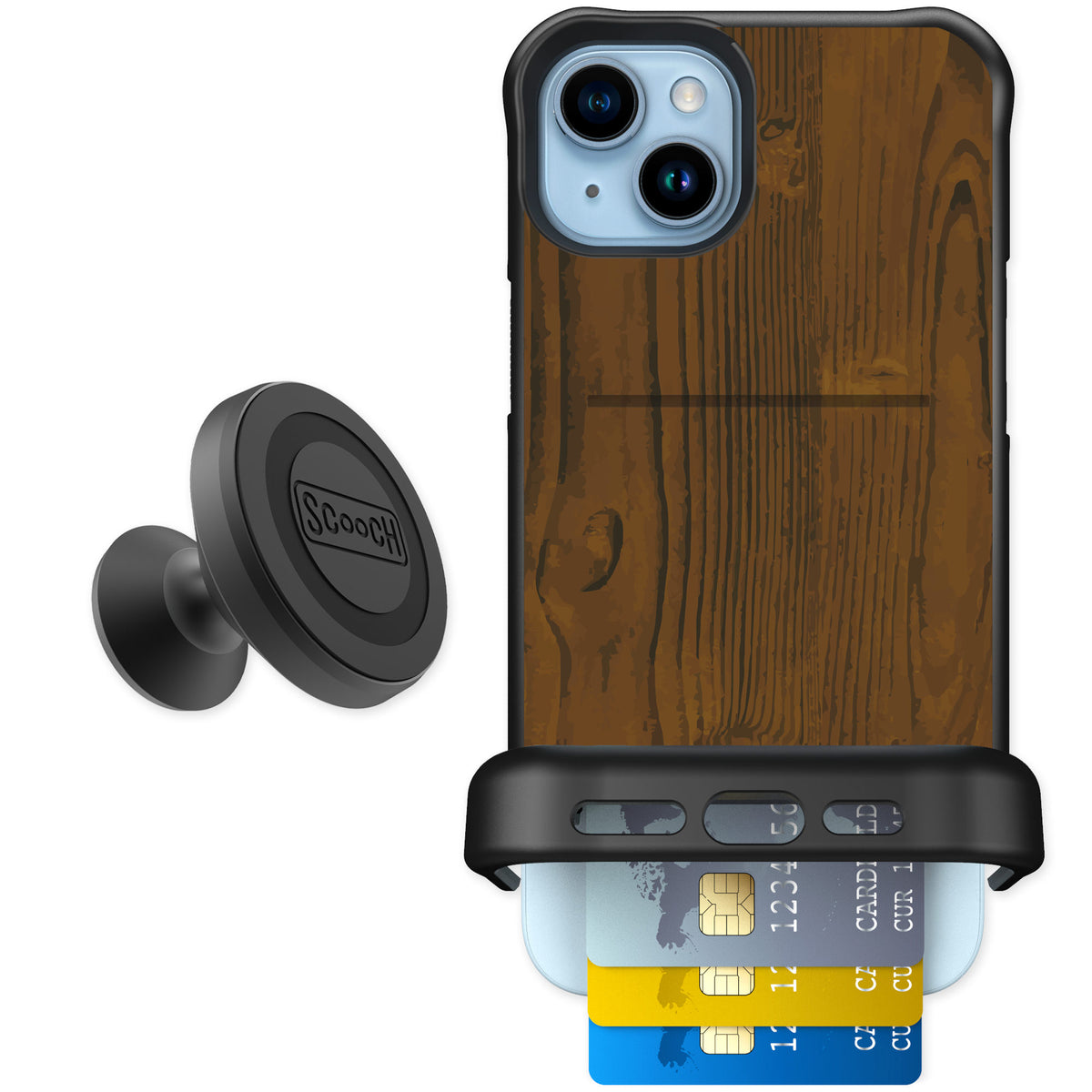 Scooch Wingmate Wood Grain for iPhone 15 Plus — Starter Bundle