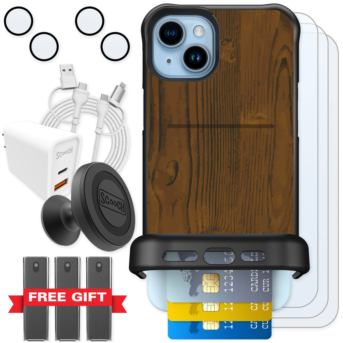 Scooch Wingmate Wood Grain for iPhone 15 Plus — Ultimate Bundle