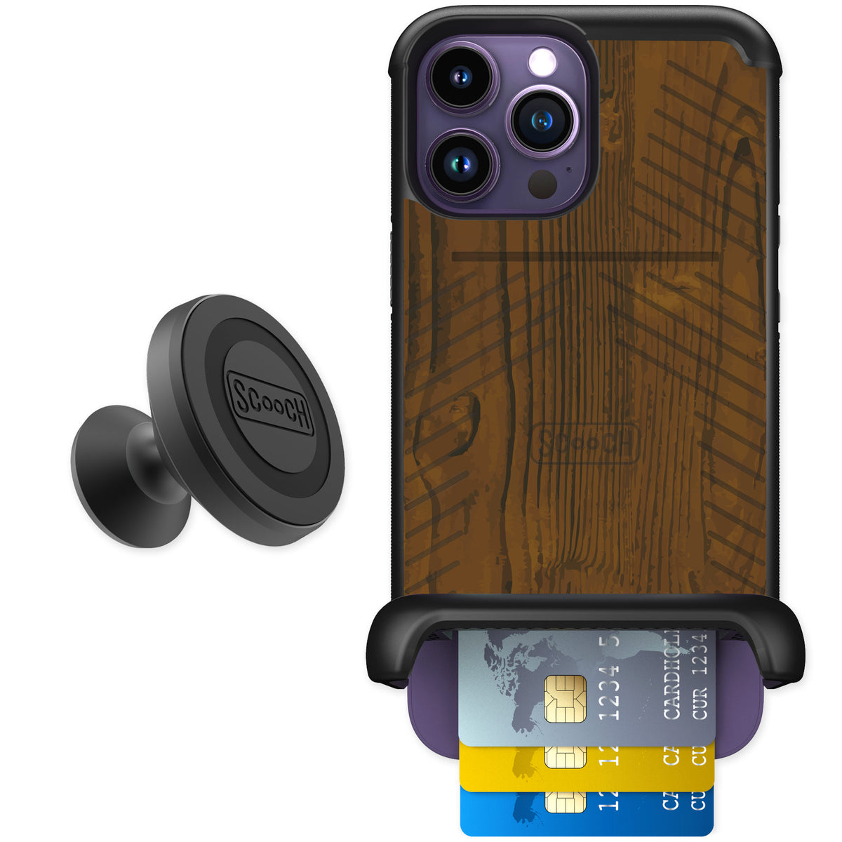 Scooch Wingmate Wood Grain for iPhone 14 Pro Max — Starter Bundle
