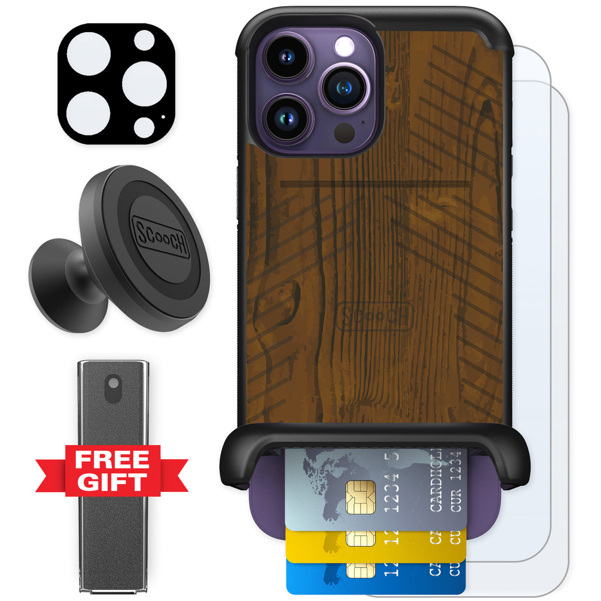 Scooch Wingmate Wood Grain for iPhone 14 Pro Max — Defender Bundle