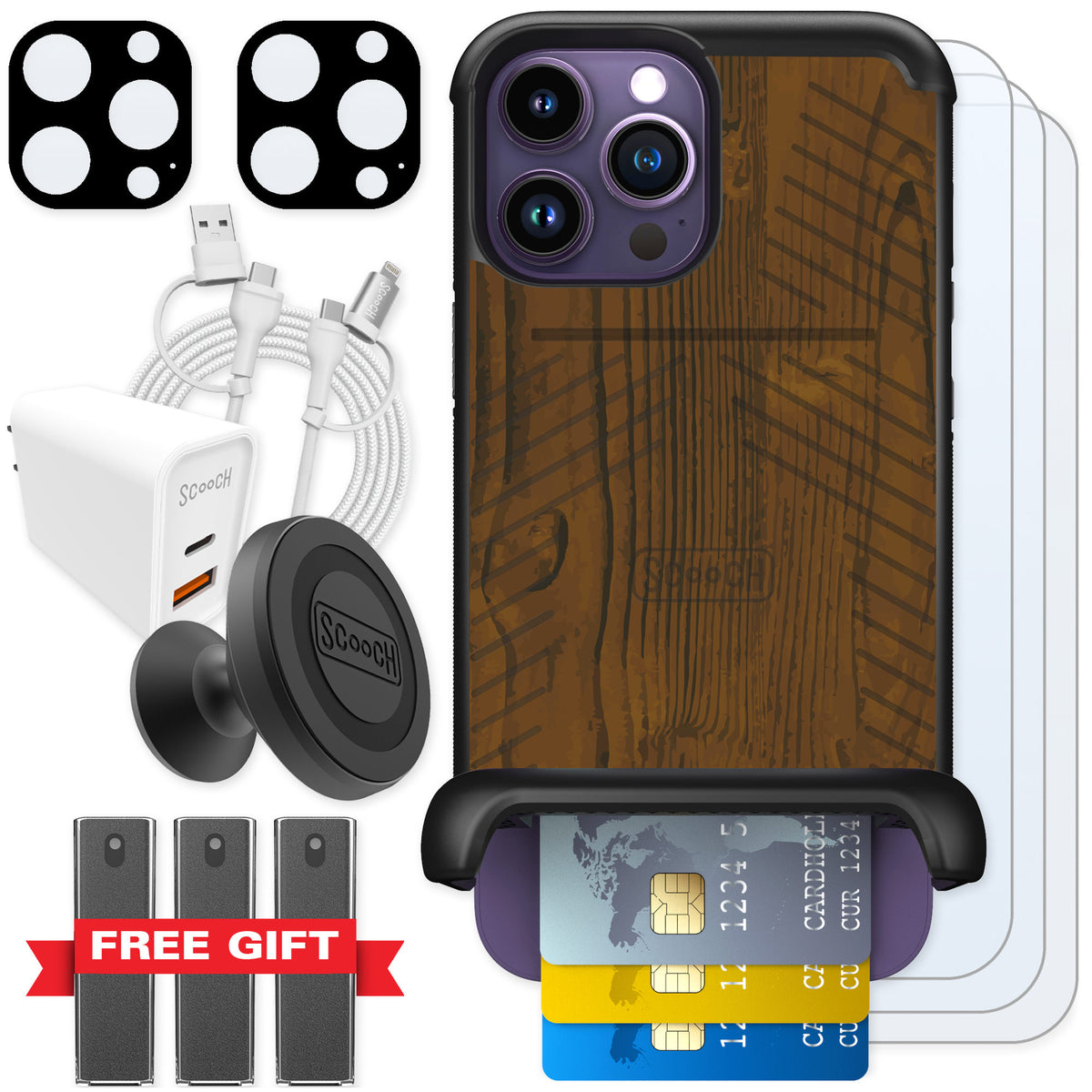 Scooch Wingmate Wood Grain for iPhone 14 Pro Max — Ultimate Bundle