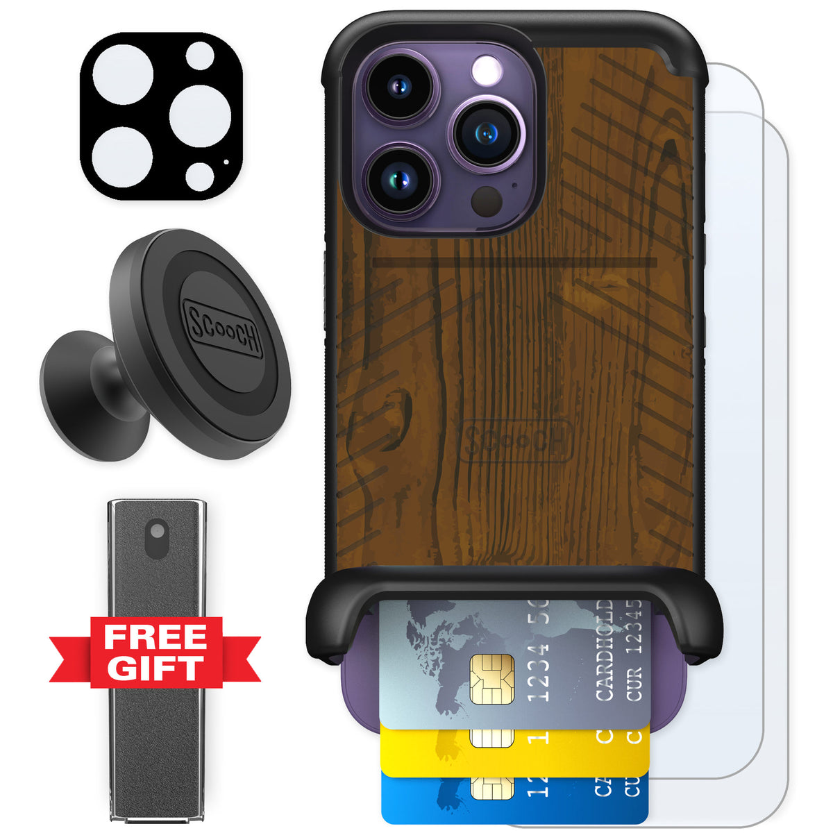 Scooch Wingmate Wood Grain for iPhone 14 Pro — Defender Bundle
