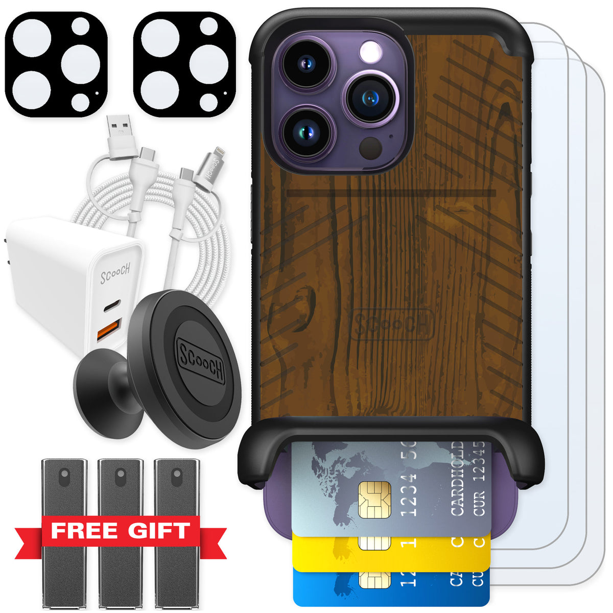 Scooch Wingmate Wood Grain for iPhone 14 Pro — Ultimate Bundle