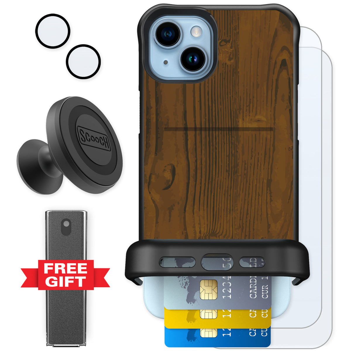 Scooch Wingmate Wood Grain for iPhone 14 Plus — Defender Bundle