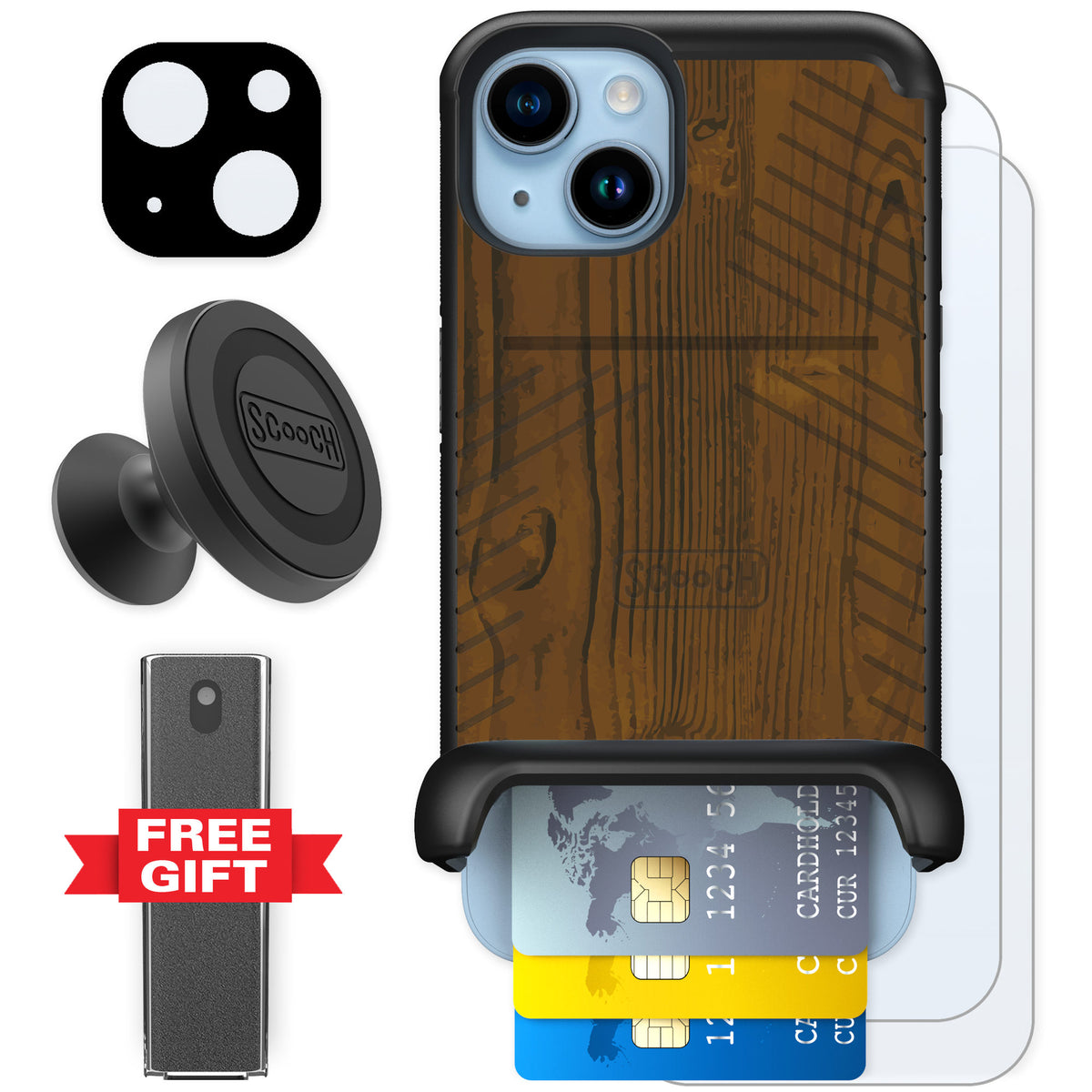 Scooch Wingmate Wood Grain for iPhone 14 — Defender Bundle