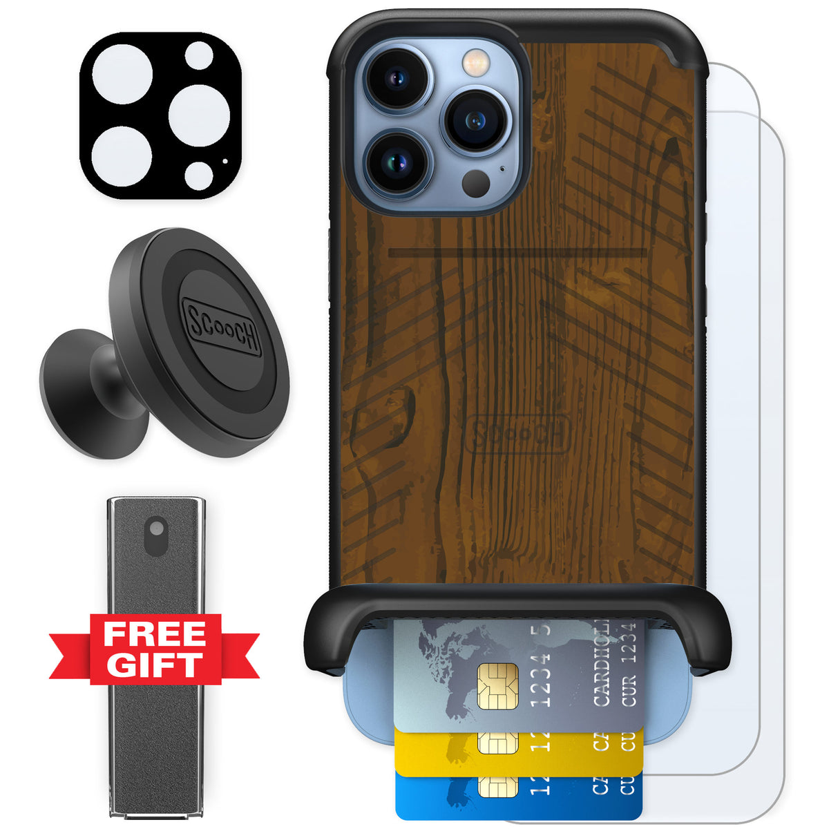 Scooch Wingmate Wood Grain for iPhone 13 Pro Max — Defender Bundle
