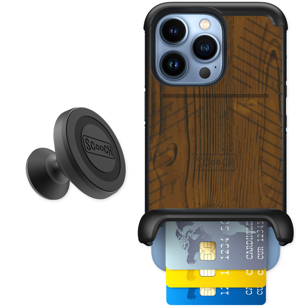 Scooch Wingmate Wood Grain for iPhone 13 Pro — Starter Bundle