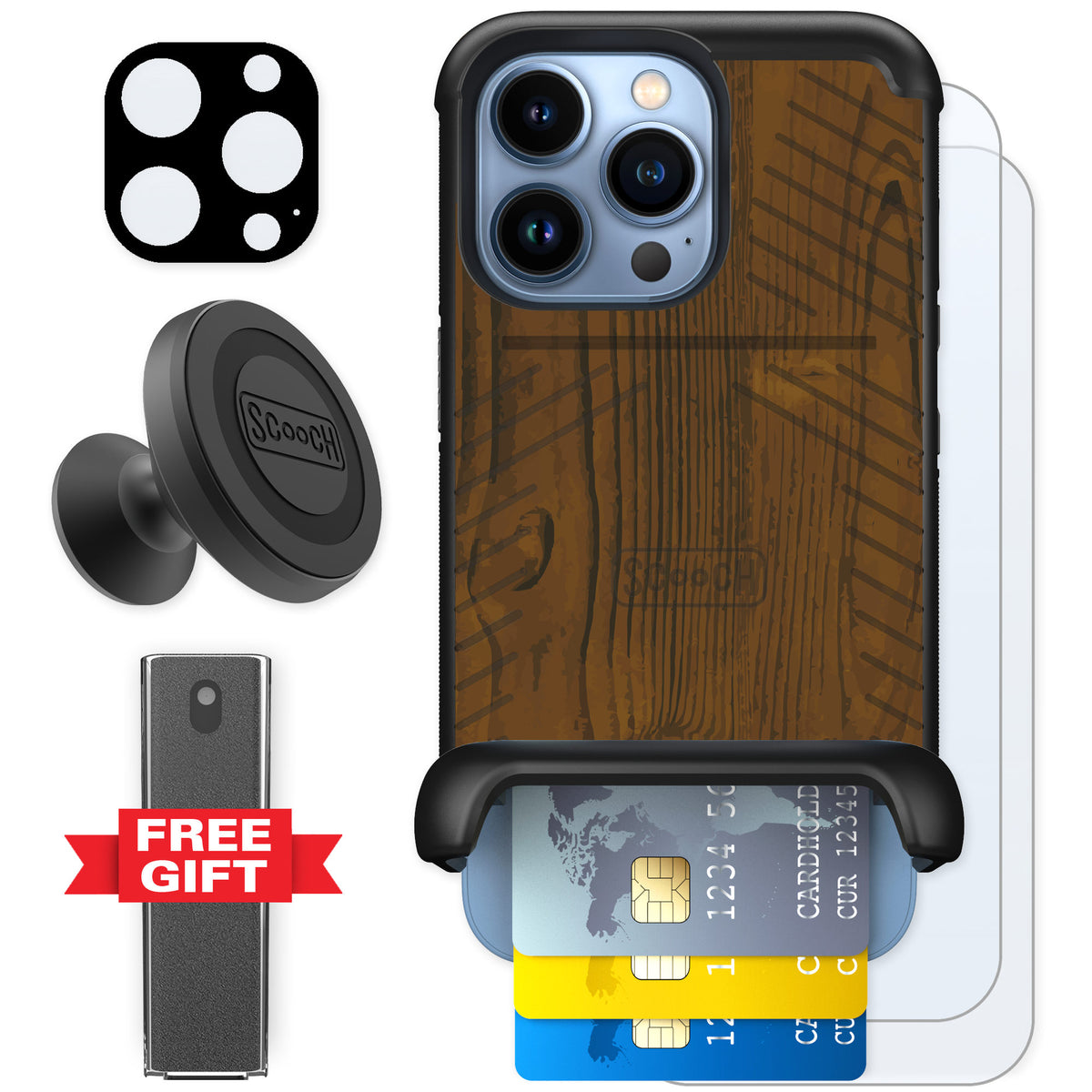 Scooch Wingmate Wood Grain for iPhone 13 Pro — Defender Bundle