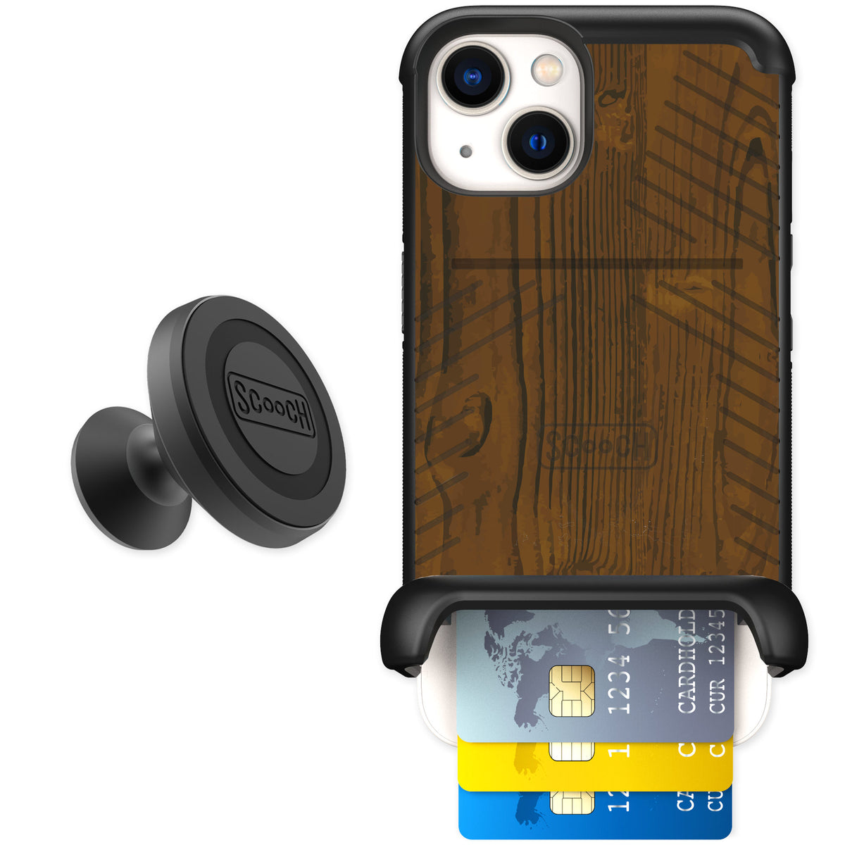 Scooch Wingmate Wood Grain for iPhone 13 — Starter Bundle