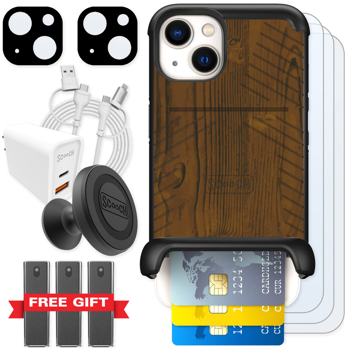 Scooch Wingmate Wood Grain for iPhone 13 — Ultimate Bundle