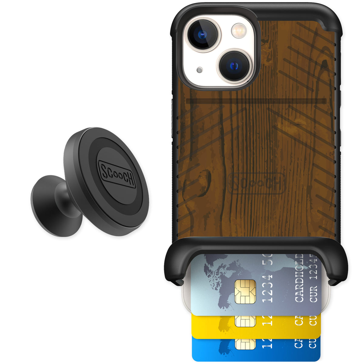 Scooch Wingmate Wood Grain for iPhone 13 mini — Starter Bundle
