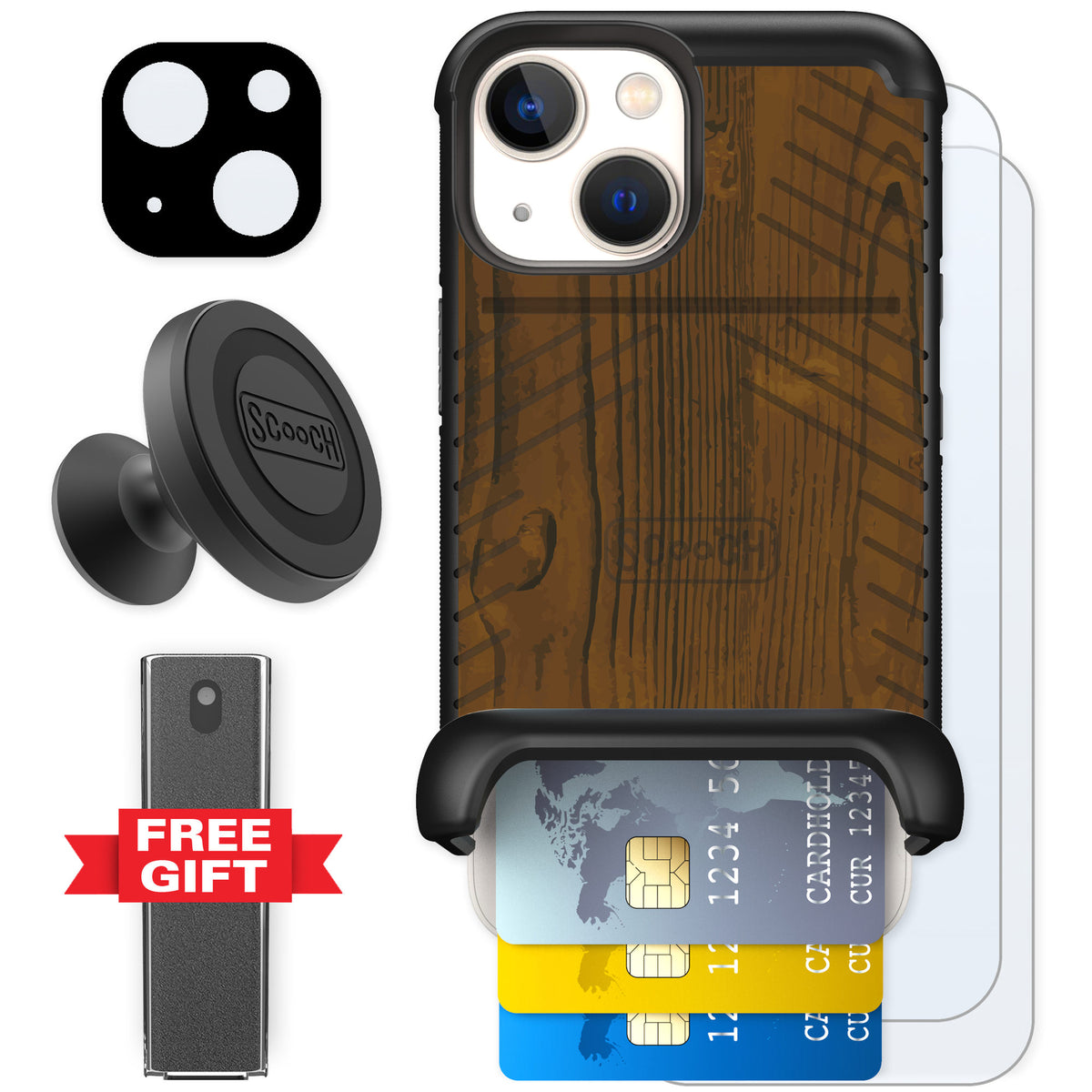 Scooch Wingmate Wood Grain for iPhone 13 mini — Defender Bundle
