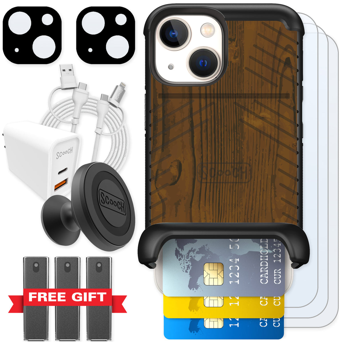 Scooch Wingmate Wood Grain for iPhone 13 mini — Ultimate Bundle