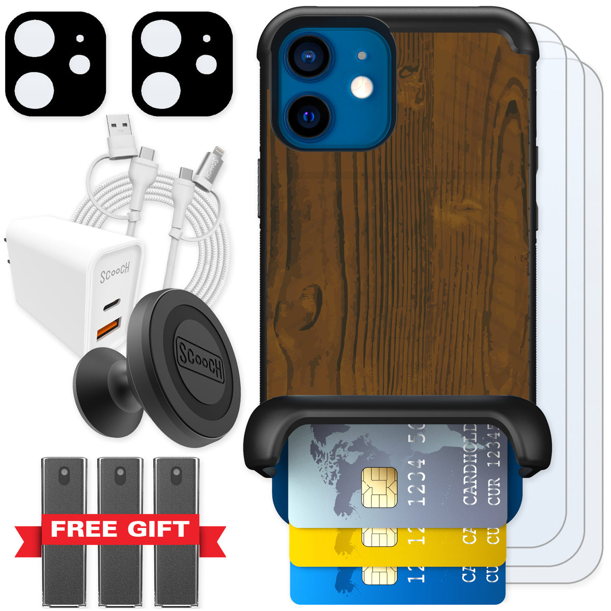 Scooch Wingmate Wood Grain for iPhone 12 mini — Ultimate Bundle