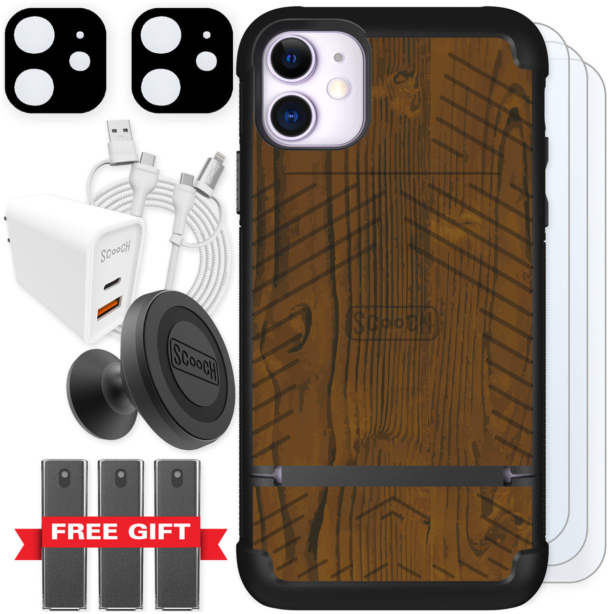 Scooch Wingmate Wood Grain for iPhone 11 — Ultimate Bundle