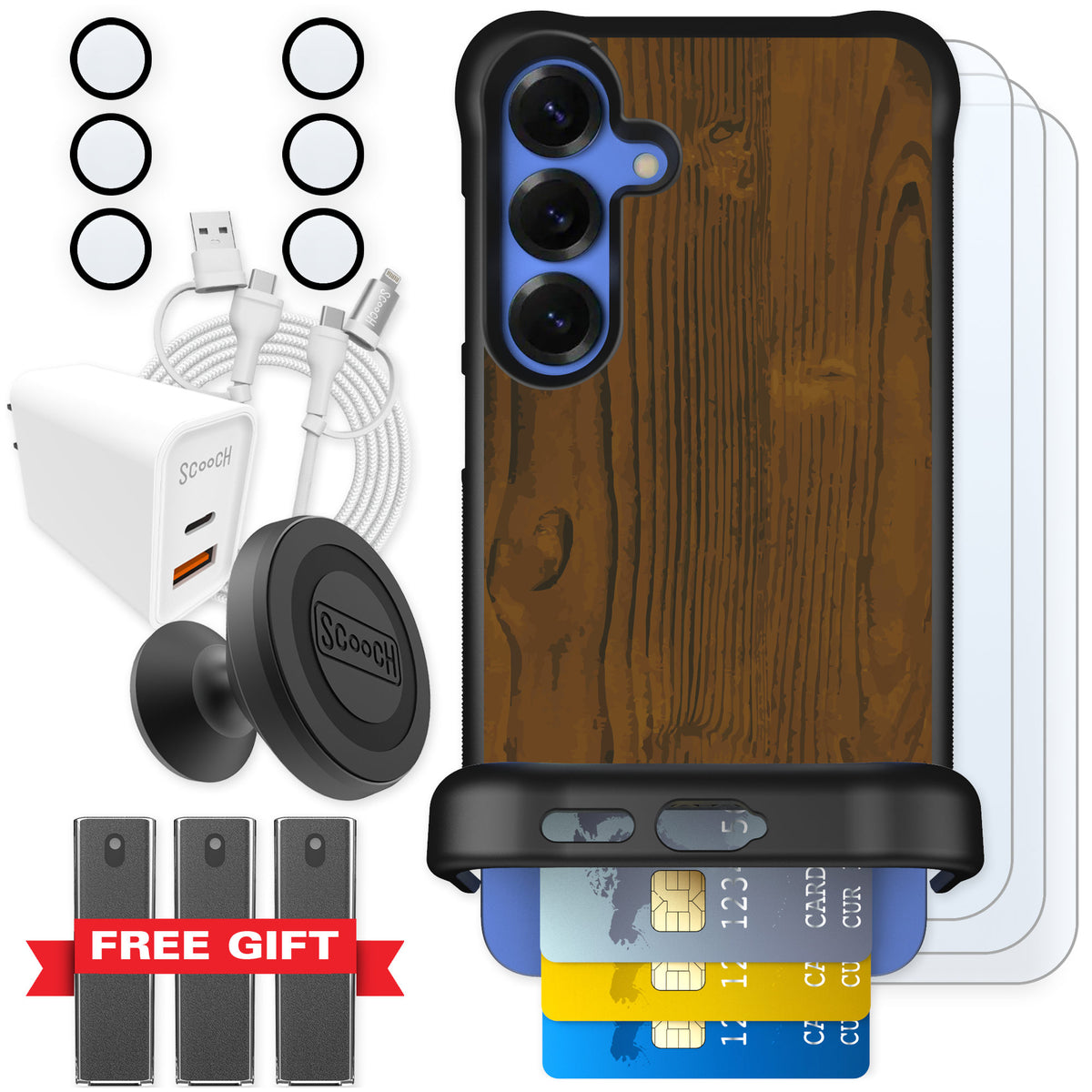 Scooch Wingmate Wood Grain for Galaxy S25+ — Ultimate Bundle