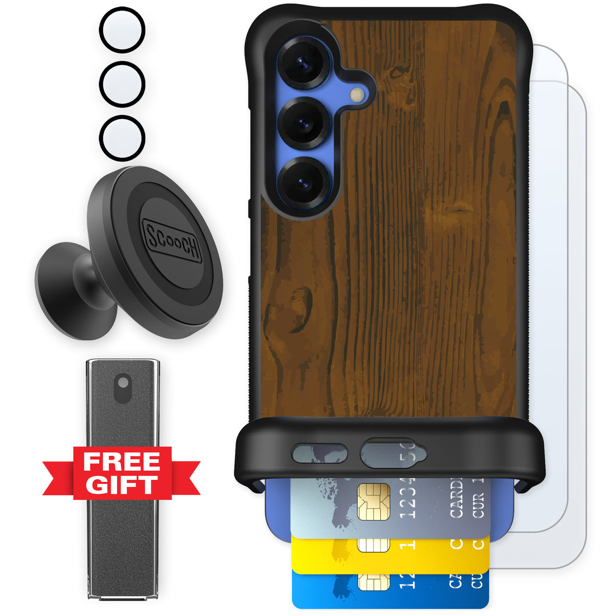 Scooch Wingmate Wood Grain for Galaxy S25 — Defender Bundle