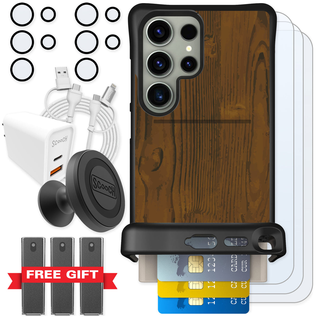 Scooch Wingmate Wood Grain for Galaxy S24 Ultra — Ultimate Bundle